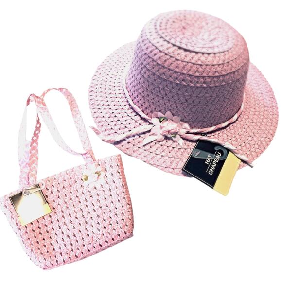 Girls Sun Hat And Purse Pink Woven Straw With Spring Flower Details Dress Up - Picture 5 of 6